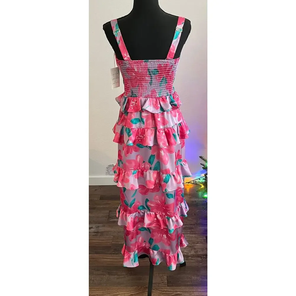 Show Me Your MuMu Satin Floral Ruffle Monique Midi Dress NWT - Picture 3 of 7